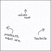 UNICORN HEAD, PROSTHETIC ROBOT ARM, TENTACLE